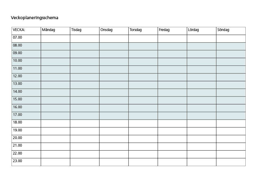 Ett veckoschema måndag till söndag med rutor att fylla i från kl 7-23